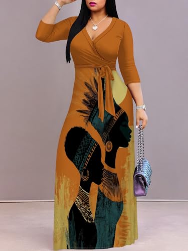 Image of PinkPatty Plus Size Maxi Dresses for Women Casual Flowy Long Dress 3 /4 Sleeve V Neck Wrap Dress with Belt