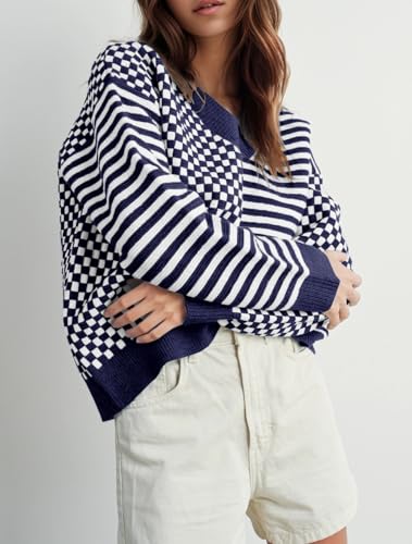 Image of UNCLECAT Womens Striped Checkered Sweater V Neck Fall Trendy Pullover Tops