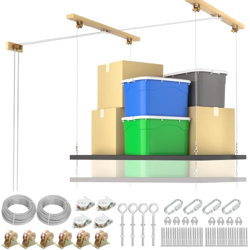 Overhead Garage Storage Lift Kit with 3/16 Galvanized Cable, Pulleys | Fits 8-16 ft Ceilings, 300lb Heavy Duty Ceiling Mounted Garage Storage Lift System, Deck/Platform and Winch not Included