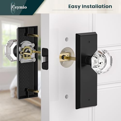 Image of Glass Door Knobs for Interior Doors - Vintage Crystal Passage Closet & Hallway Door Knob - Diamond Cut Door Handle - Matte Black Finish (1 Pack 7 Inch Height)