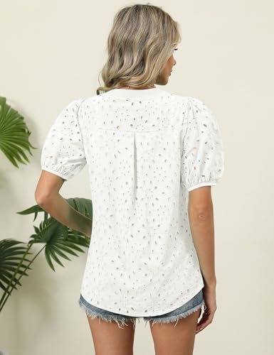 Rapbin Blouses for Women Dressy Casual V Neck Short Sleeve Eyelet Summer Tops Button Down Lace Embroidered Shirts3