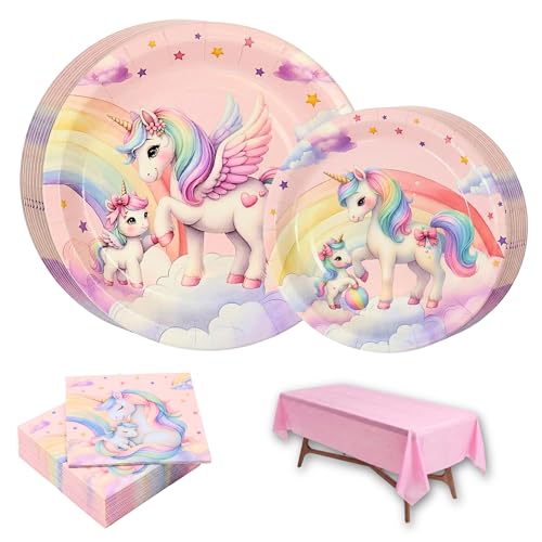 Nexa Party Unicorn plates and napkins Birthday Party Supplies for 24 Guests Set 73 pcs Dinner and Dessert Plates Napkins Plastic Tablecloth Party Decorations for Girls