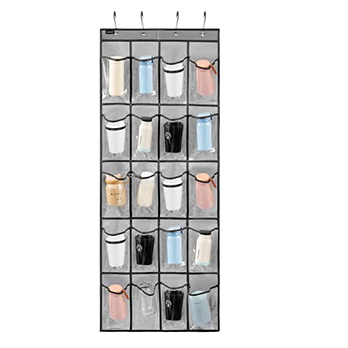 Over Door Hanging Water Bottle Holder Cup Organizer for Kitchen Pantry Glass Bottle Storage Rack with 20 Pockets (CLEAR PVC POCKETS)