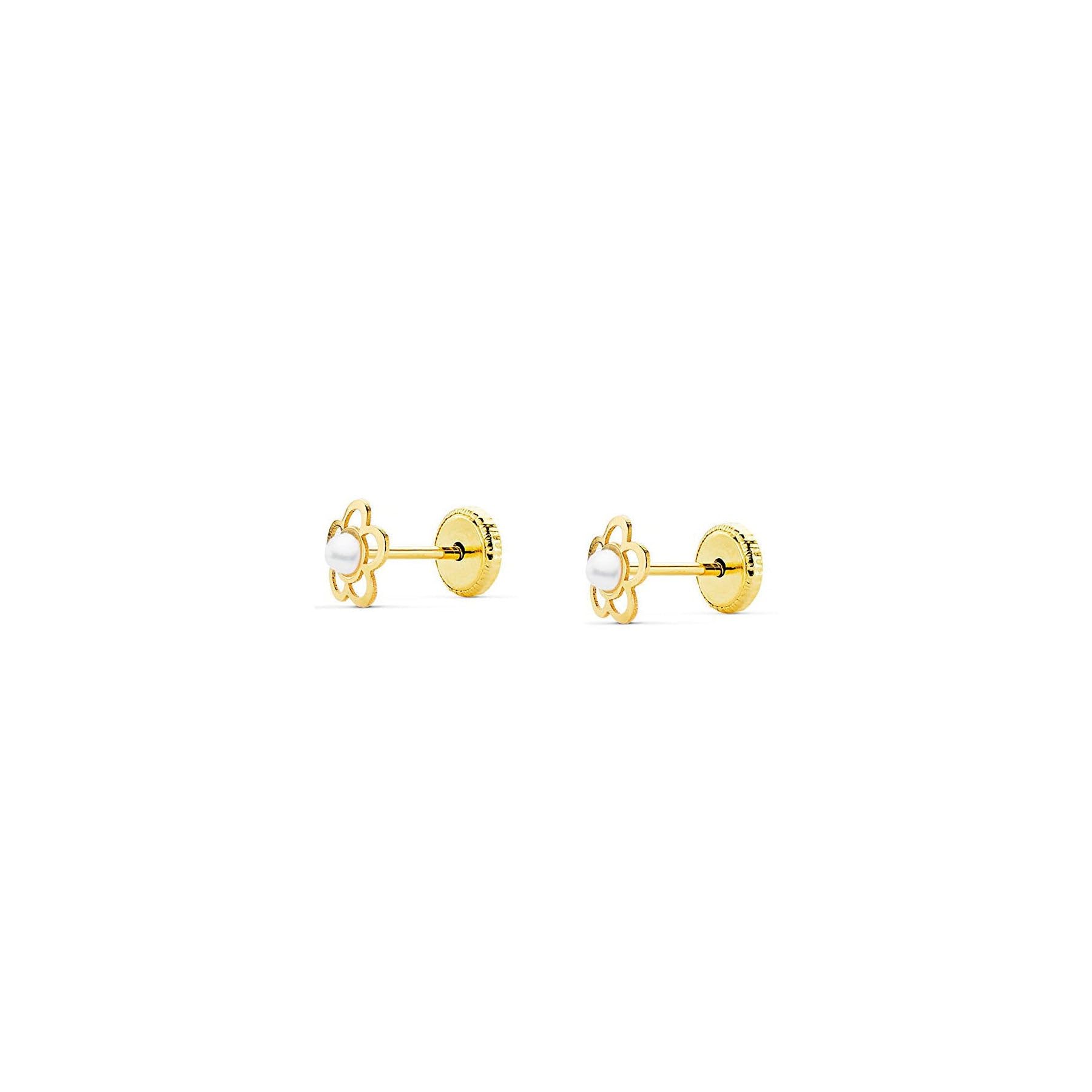 Pendientes Bebe Niña Oro Amarillo flor brillo | Margarita Calada Perla Redonda 2 mm | Certificado de Garantía | Incluye Estuche Regalo - Mondepetit
