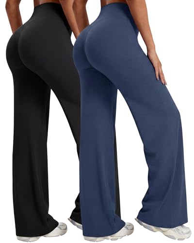 Image of Coume 2 Pack Women Workout Leggings Straight Wide Leg No Front Seam Yoga Gym Pants High Waist Buttery Soft Stretch Leggings