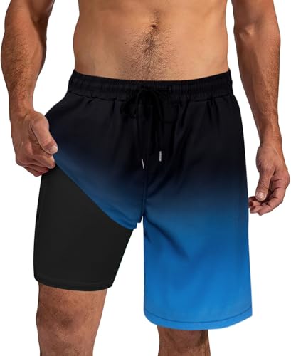 XiaoMoSha Mens Swim Trunks 9 Inch Board Shorts with Compression Liner Swimsuit Quick Dry Bathing Suit with Pockets Hawaiian Summer Beach Surf Swimwear 2XL XXL Black Blue
