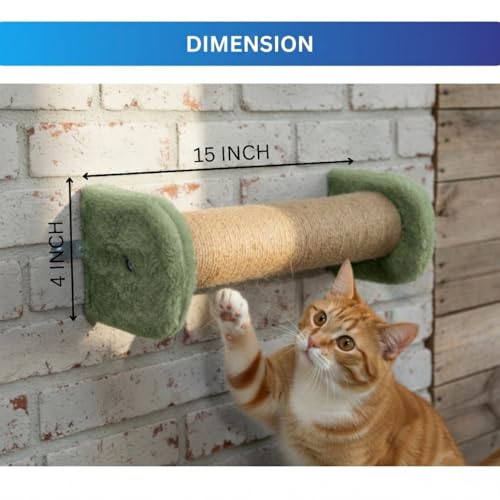 Image of Wall-Mounted Cat Scratching Post, Natural Jute Rope, Plush Cushioned Ends, Space-Saving Design (5X16) FURR-156 (Green)