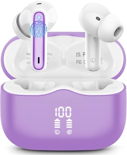 Wireless Earbuds, Bluetooth 5.3 Headphones in Ear with 4 ENC Noise Cancelling Mic, 40H Playtime Wireless Earphones HiFi Stereo Deep Bass, LED Display Bluetooth Earbuds, IP7 Waterproof, USB-C, Purple