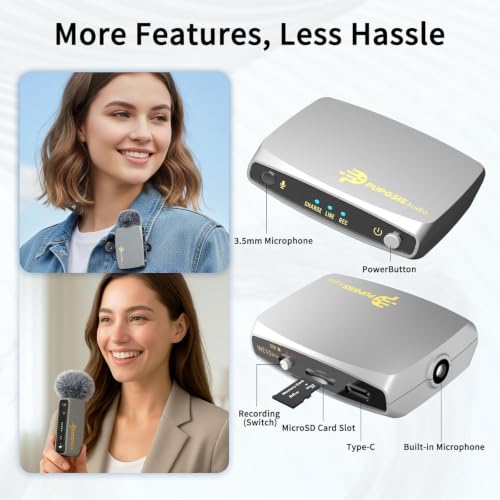 Wireless Lavalier Microphones for phones Cameras, Mini Mic Lapel Wireless Microphone with 20H Battery Life, 64GB TFcard Slot, DSP Noise Cancelling for Record Interview, Vlogs, YouTube, Tiktok — view 3