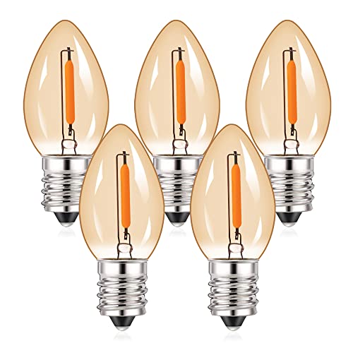 Hcnew C7 LED Filamento Portavelas Bombilla, E14 Vintage Edison Vela Bombilla (Cristal ámbar) Bombilla LED, 0.5W (equivalente a 5W) Bombilla blanca cálida 2200K, 50 lúmenes, no regulable, 5 piezas Cover