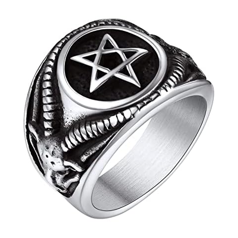 Stainless Steel Ring for Men Satanic Baphomet Goat Head Rings Satan Symbol Signet Rings Vintage Punk Gothic Rings for Biker Rapper Cover