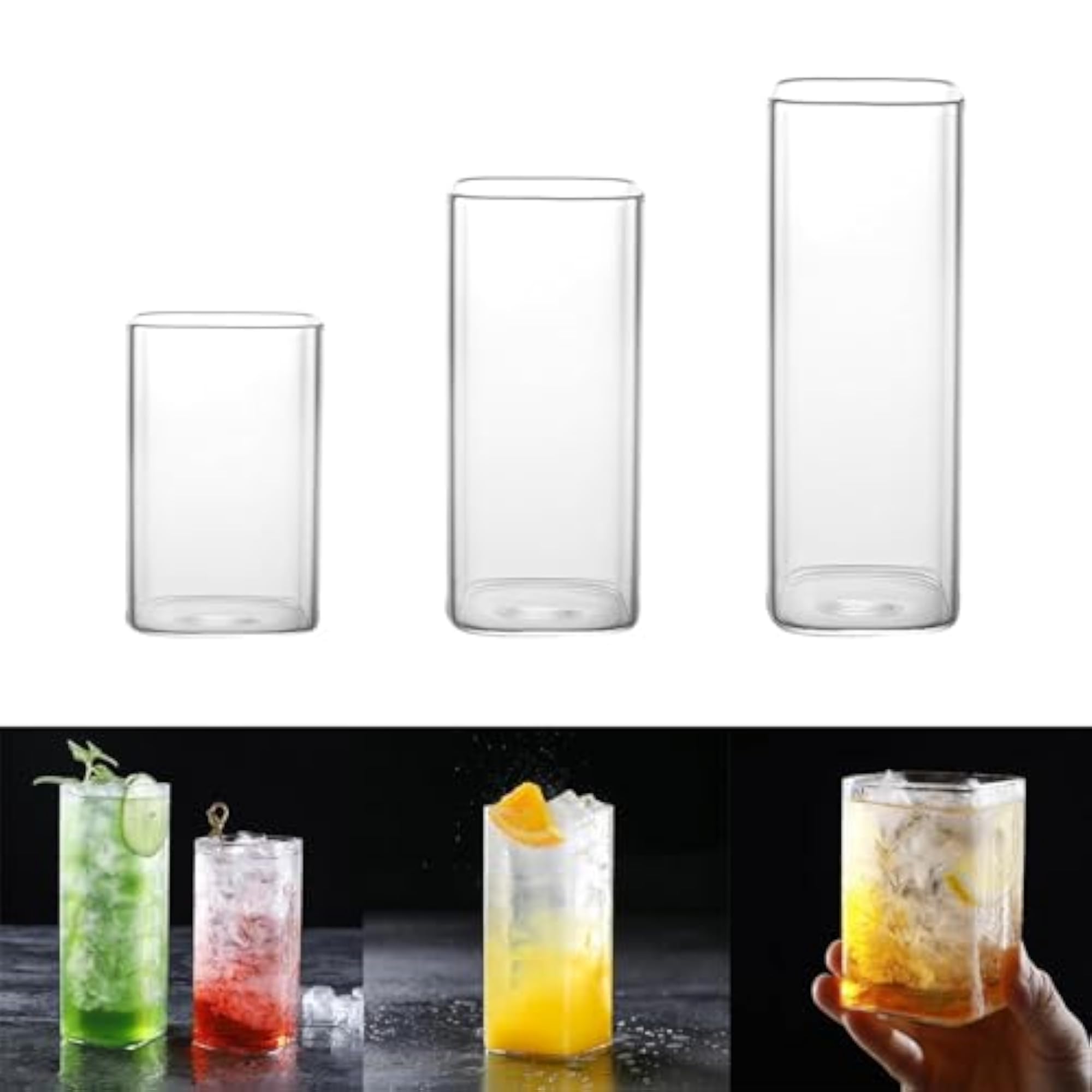 6x Highball Glass Square Clear Glassware for Everyday Use