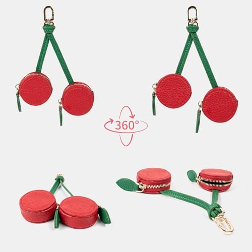 Cute Fruit Coin Purse Bag Charm,Mini Leather Coin Change Purse & Pouch Holder Keychain Charm for Handbag Tote Wallet Airtag Accessories,Kawaii Fruit Bag Charms for Girl Women Little Red Cherry - Thumbnail 7