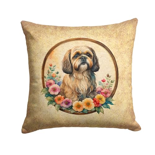 Caroline's Treasures DAC2169PW1818 Lhasa Apso and Flowers Fabric Decorative Pillow Machine Washable, Indoor Outdoor Decorative Pillow for Couch, Bed or Patio, 18Hx18W