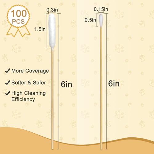 100 Pcs Large Cotton Swabs for Pet Care, 6 Inch Long Cotton Swabs with Bamboo Handle, Professional Dog Ear Swabs, Absorbency Big Cotton Tips, Pet Cleaning Solution Supplies