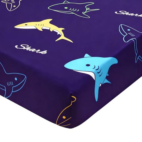 Cloele Shark Fitted Crib Sheet for Baby Boys &amp; Girls, Soft Breathable Standard Crib Sheet 52x28 Inches, Deep Pocket Toddler Mattress Cover for Nursery, Blue Shark Themed Bedding for Infant &amp; Toddler