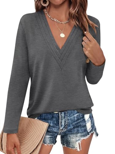 EasyGala Womens Deep V Neck Long Sleeve Shirts Pleated Dressy Casual Tops Sexy Loose Fit T Shirt Dark Gray Medium
