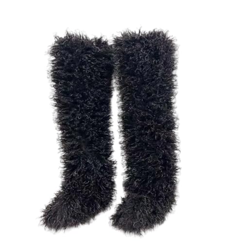 Black Thigh High Fur Boots, Over the Knee Fluffy High Boots, Tall Furry shoes for Women