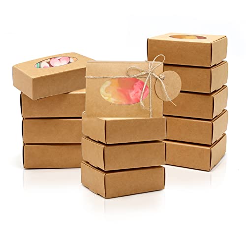 Lidscura 50PCS Soap Box with Window, 3.78 x 2.76 x 1.18 Inch Mini Kraft Soap Box, Brown Mini Favor Box for Candy Chocolate Bakery Soap Gift Packaging