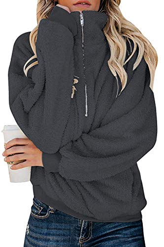 ReachMe Womens Oversized Quarter Zip Sherpa Pullover with Pockets Fleece Sweatshirt Fuzzy Hoodie Outwear(Dark Grey,XL)