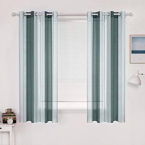 MIULEE Rideaux Voilage à Rayures Blancs et Vert, Voilages Intérieurs avec Oeillets, Beaux Voile Rideau Voilage Fenetre Chambre, Lot de 2 Transparent Rideaux...