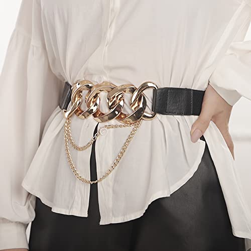 Jumwrit Black Leather Elastic Belt Punk Rock Stretch Waist Belt for Dress Ladies Skinny Wide Chain Belt Gold Tassel Chain Waist Band for Women(Style 1)2