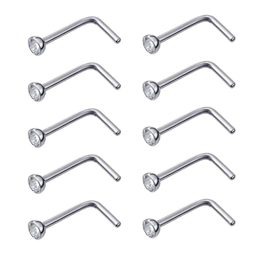 Mudder 20 Pieces Curved Nose Stud Stainless Steel Nose Ring Crystals L Bend Nose Screw Piercing, 20 Gauge (Clear)