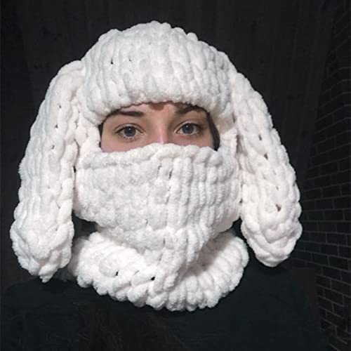 Women Knit Crochet Balaclava Hat Winter Funny Bunny Ears Sweater Beanie Hat With Scarf Headwear Warm Skull Cap (White Rabbit Ear, One Size) #TOP2