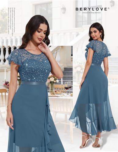 Image of BeryLove Formal Long Dresses for Women Wedding Guest Cocktail Bridesmaid | Airy Lace & Chiffon Evening Gown, Flutter Sleeve, Ideal for Mother of the Bride, Prom, Homecoming Party & Semi-Foraml Events