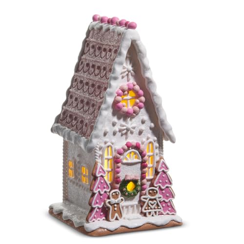 Maison en pain d'épice rose RAZ Imports de 30cm pour décoration de table de Noël pastel