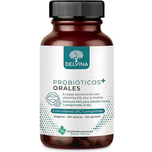 DELVINA Probióticos Orales PRO - 90 comprimidos para chupar - Contra mal aliento - Aliento fresco - 5 Cepas, Vitamina D3, Zinc, Inulina - 270 Mil Millones UFC - Menta - Vegano, Sin azúcar, Sin gluten