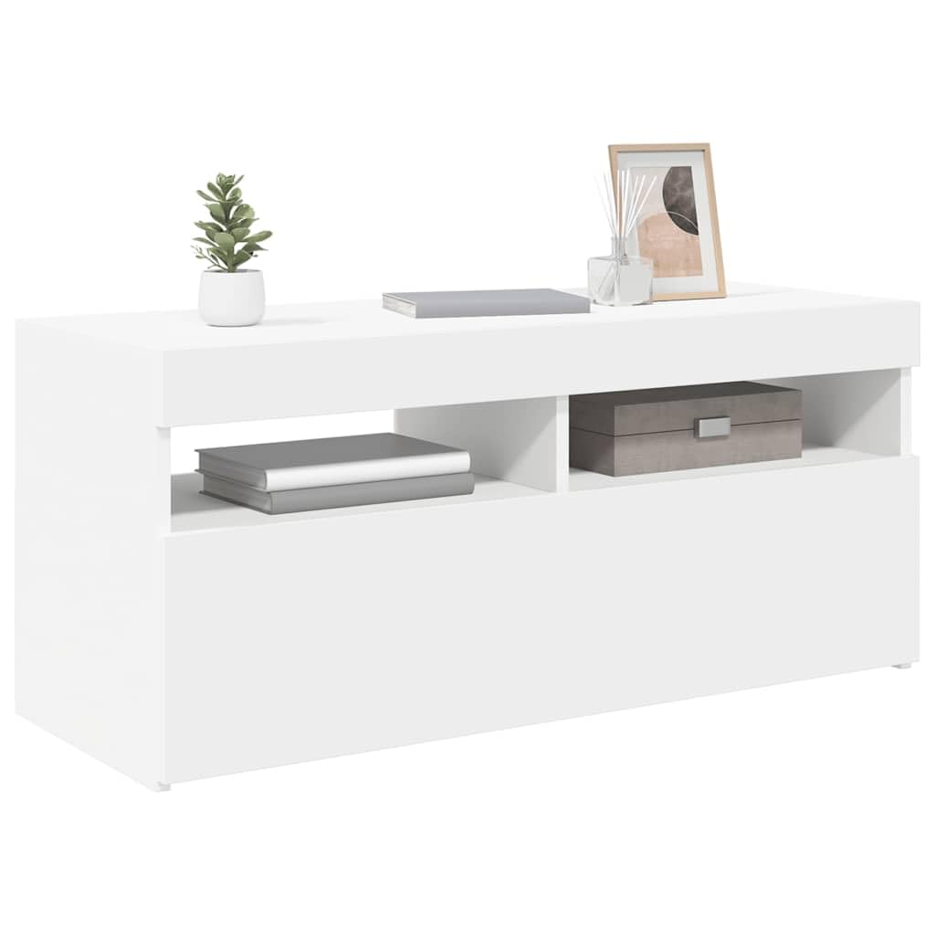 TV-Schrank mit LED-Leuchten, Weiß, 90x35x40 cm, Holzwerkstoff, Modernes TV-Möbel für Wohnzimmer, Media Center mit Stauraum