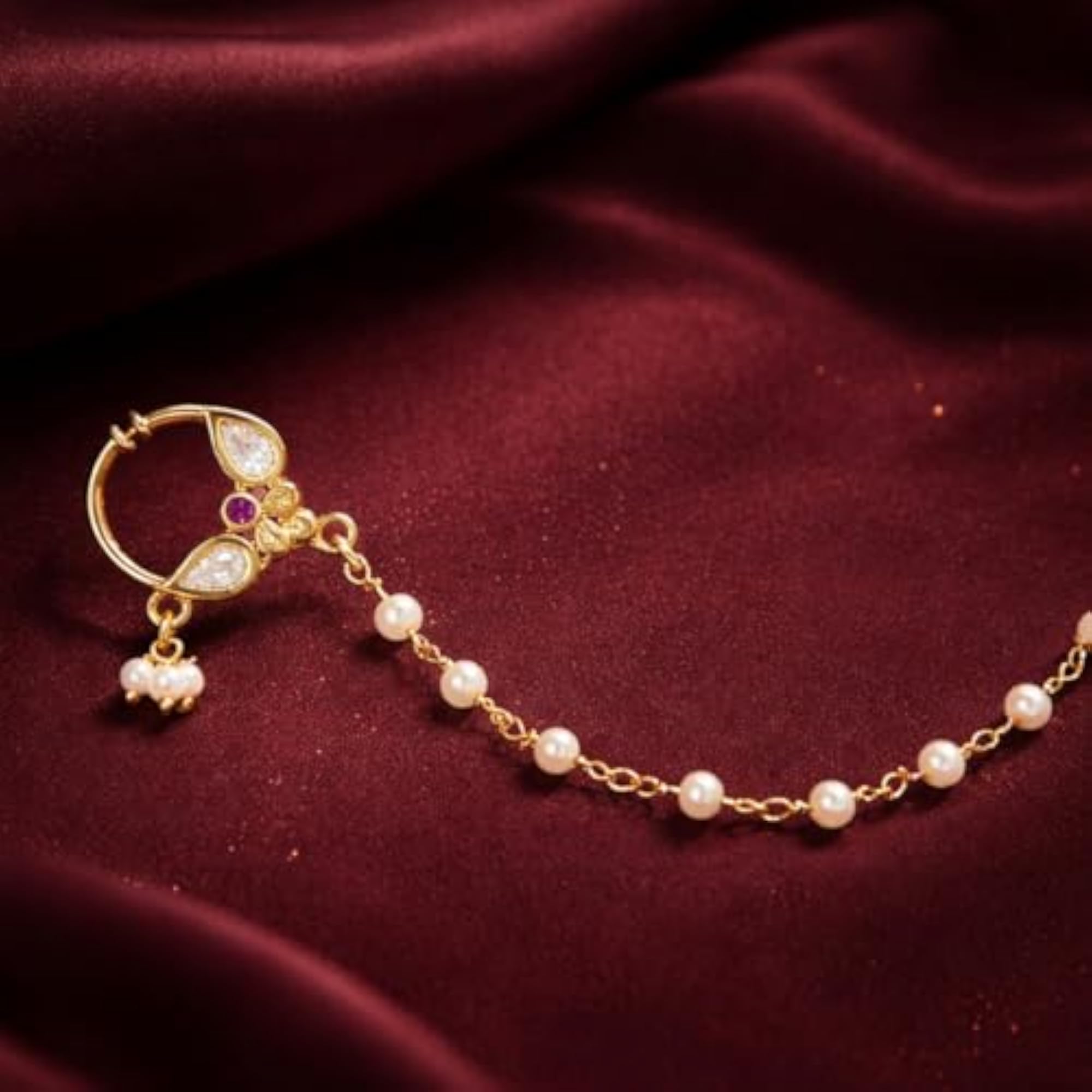 Women's Gold Plated Ruby Kundan Embellished Clip On Nose Ring