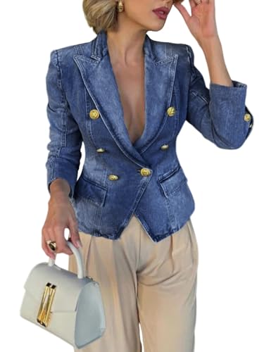utcoco Womens Notched Lapel Double Breasted Denim Blazer Trendy Casual Slim Fit Long Sleeve Jean Jacket (Medium Dark Blue)