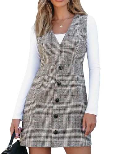CUPSHE Damen Kleid Kariert V-Ausschnitt Ärmellos Herbst Freizeitkleider Hosenträger Knöpfe Lässig Latzkleid Mini Dress Grau M