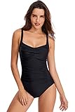 Labelar Retro One Piece Swimsuits Women's Ruched Tummy Control Swimwear Monokini Bathing Suit Black