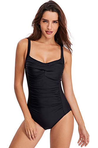 Labelar Retro One Piece Swimsuits Women's Ruched Tummy Control Swimwear Monokini Bathing Suit Black