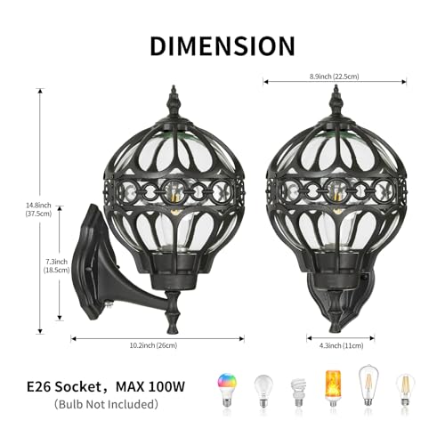 Dusk to Dawn Globe Outdoor Wall Lights for Porch, Black House Exterior Light Fixtures Wall Mount, Anti-Rust Sphere Outside Wall Sconces Lanterns Lighting, 2 Pack