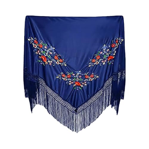 Carnavalife Mantón con Bordados de Sevillana para Fiesta de Baile, Flamenco y Ferias, Color Negro Rojo y Blanco (Azul, Grande)