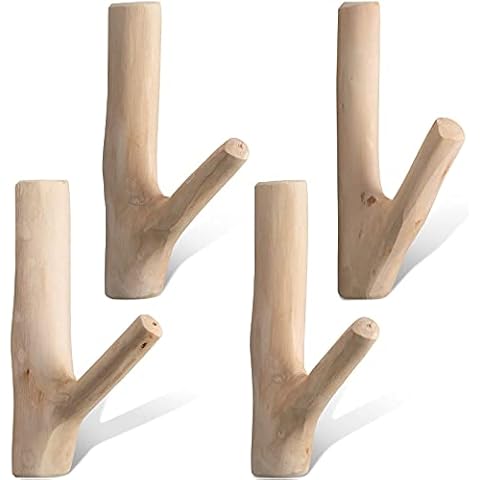 Ganchos de Pared de Rama Árbol de Madera Natural Vintage Real Set de Ganchos Hecho a Mano Montados en Pared Ganchos Adhesivos Decorativos Rústicos Succión Fuerte (4) Cover