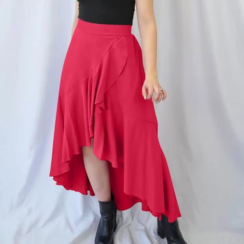 Women's High Waist Skirts Dressy Casual Ruffle Shirts High Low Asymmetric Skirt Elastic Waist Flowy Skirts Business Skirt4
