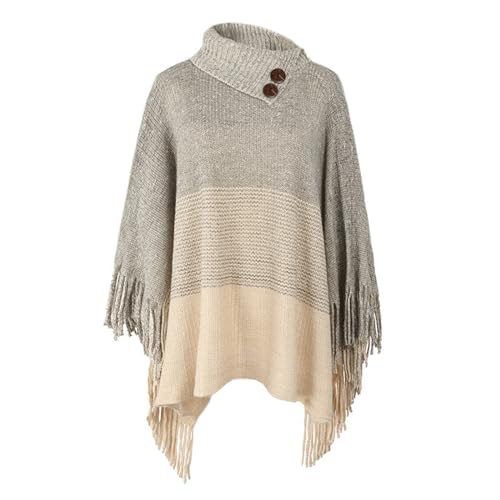 Women Loose Kitted Cashmere Feel Shawls Wraps Winter Tassel Scarf Button Oversized Pullover Sweater Poncho Cape