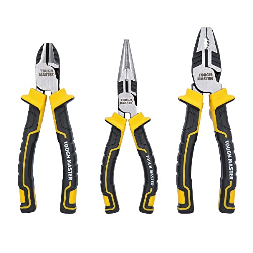 TOUGH MASTER High Leverage Pliers Tool Set 3pcs, 6150mm Needle Nose Pliers, 6 150mm Diagonal Cutting Pliers, 7 175mm Combination Pliers Multi-Purpose Pliers Set 3-in-1 with Soft Handles