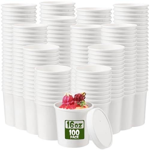 Image of Fulmoon 16 oz 100 Pack Paper Containers with Lids Soup Bowl Cup, White | Disposable Ice Cream Cup, Kraft Food Containers with Vented Lid Stackable for Hot Soup Dessert Cake Fruit Microwave Takeout
