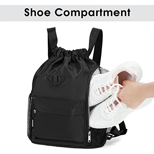 WANDF Drawstring Backpack Sports Gym Bag with Shoes Compartment, Water-Resistant String Backpack Cinch for Women Men (Black,Medium) - Image 2