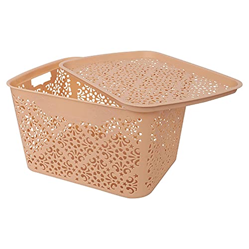Image of Cutting Edge Essentials Plastic Storage Baskets /Shelf /Turkish Rack with Lid - Set of 2 for Fruit Vegetable Bathroom Stationary Home Basket with Handle (Biege, Large)