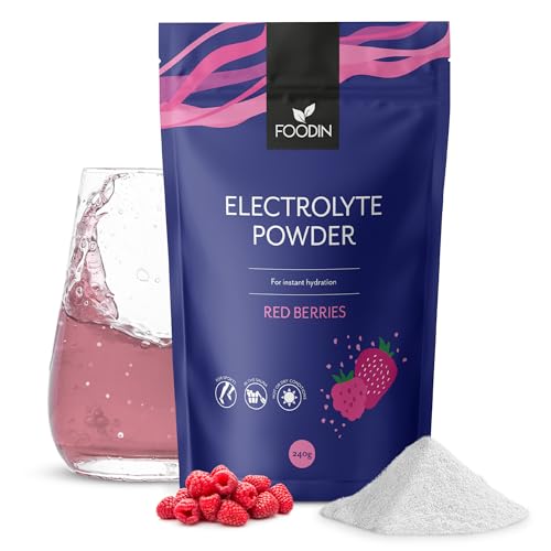 FOODIN Poudre d’Électrolytes Hydratation et Récupération avec OptiMSM Vitamine C AquaminF & Sel de Guérande – Boisson Isotonique sans Sucre Céto Énergie et Minéraux (Red Berries) 240 g