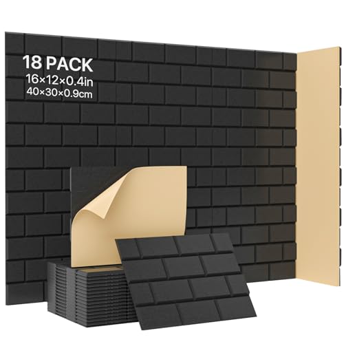 Acoustic Wall Panels Self Adhesive, 18 Pack Peel & Stick Sound Absorbing Panel for Walls, Ceilings, Doors, 16x12x0.4, Brick Pattern Black Decorative Art Tiles for Studio, Home Office, Gaming Room