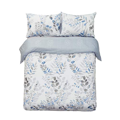 Word of Dream Cotton Duvet Cover Sets Twin Size, Blue Grey Leaves Pattern Printed Soft Comforter Bedding Duvet Cover with Zipper Closure Corner Ties, 2 Piece (1 Duvet Cover + 1 Pillow Sham)