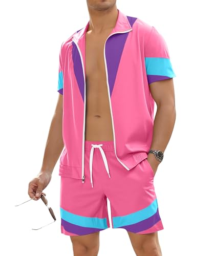 UOUA 80s Outfit for Men 90s Color Block Costumes 2 Piece Retro Short Sleeve Jacket & Shorts Set for Party Pink L